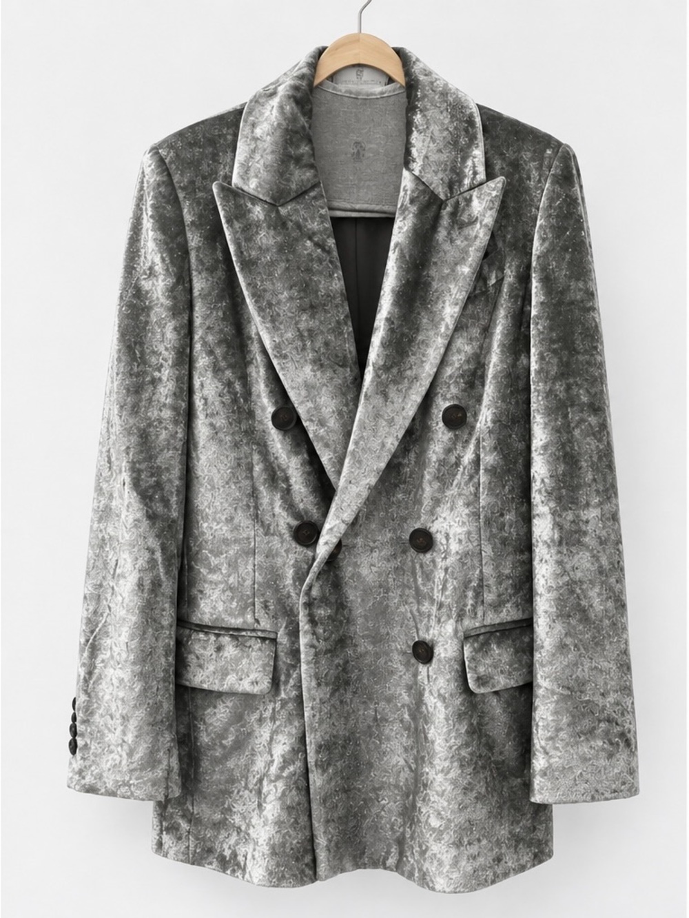 Brunello Cucinelli Double-Breasted Velvet Blazer - Silver Gray